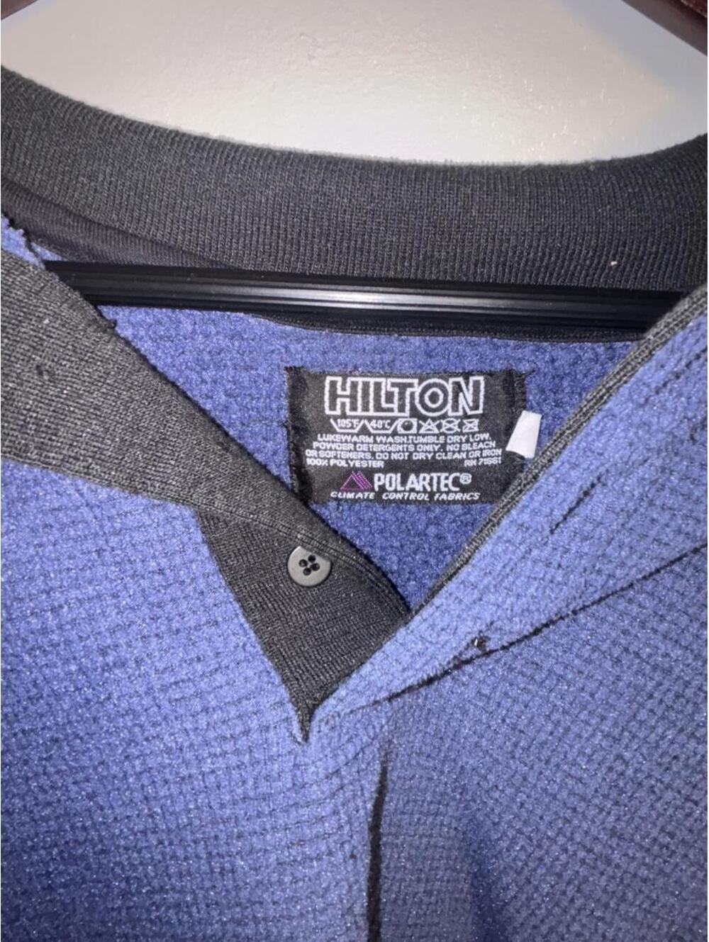 90s Hilton Ready Wear Blue Waffle Knit Pullover with Black Collar and Cuffs
